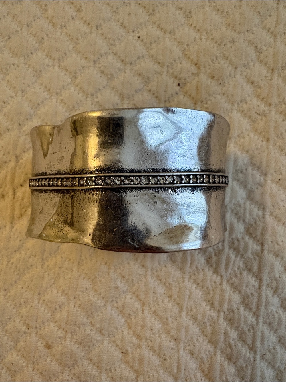 Chico’s Wide Textured Silver Cuff Bracelet with Center Beaded Detail